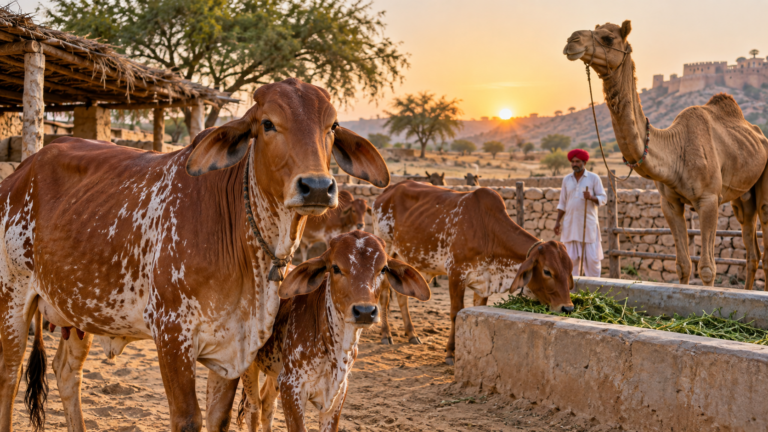 राजस्थान के पशुपालक के साथ गाय और ऊंट